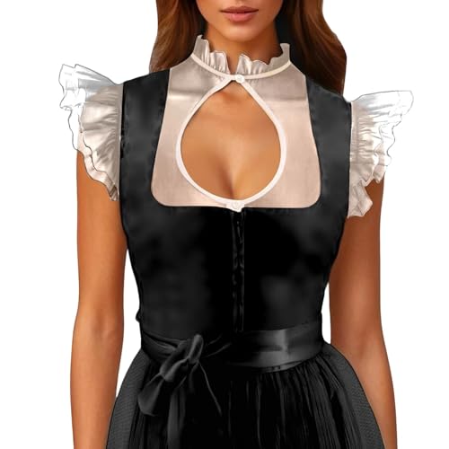 Generisch Damen Dirndlbluse Elegante Ballonärmel Dirndl Bluse V-Ausschnitt Lochstickerei Trachtenbluse von Generic