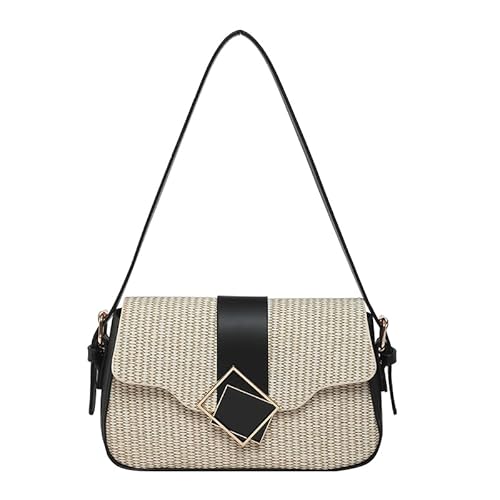 Generische Damen Strick-Umhängetasche aus PU-Leder mit Stroh, Klappenbeutel, schwarz von Generic