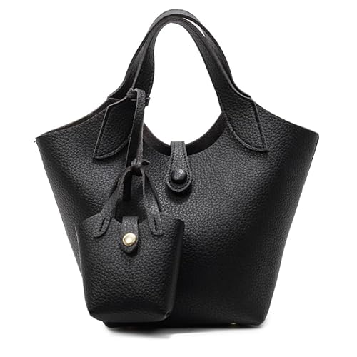 Generisches PU Leder -Einkaufstasche Litschee Muster Eimerbeutel Pendelhandtasche mit Geldbeutel (schwarz) von Generic