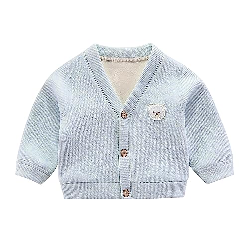 Gepolsterte Strickjacke für Babys, Jungen und Mädchen, V-Ausschnitt, Knopf, Cartoon-Bärenmuster, Alltagskleidung Baby-Outfits (Blue, 6-12 Months) von Generic