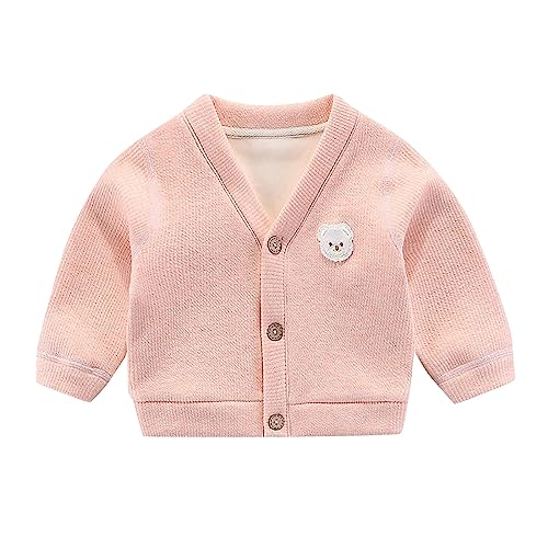 Gepolsterte Strickjacke für Babys, Jungen und Mädchen, V-Ausschnitt, Knopf, Cartoon-Bärenmuster, Alltagskleidung Baby-Outfits (Pink, 0-3 Months) von Generic