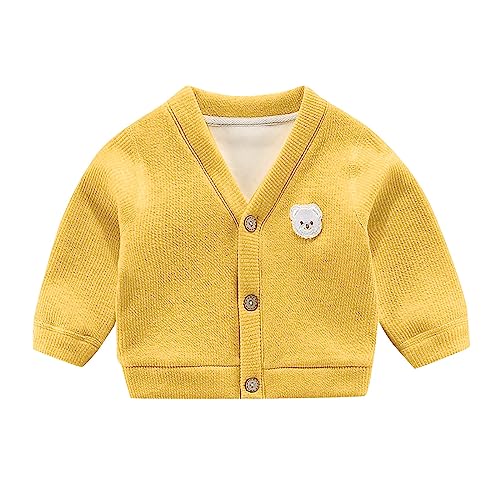 Gepolsterte Strickjacke für Babys, Jungen und Mädchen, V-Ausschnitt, Knopf, Cartoon-Bärenmuster, Alltagskleidung Baby-Outfits (Yellow, 0-3 Months) von Generic