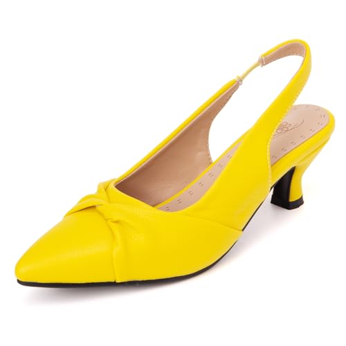 Geprägtes Leder Spitzschuh Kittenabsätze (Größen 32-54) 4cm Schlupf-Mules mit Offener Ferse - Frühling Sommer Herbst Weite Passform,Gelb,45 EU von Generic