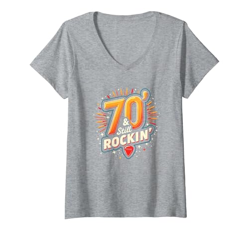 Geschenk zum 70. Geburtstag für Männer – 70 & Still Rockin' T-Shirt mit V-Ausschnitt, Damen, Grau Meliert, S von Generic