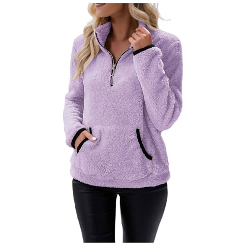 Geschenke für Frauen，Wintermantel Damen：Damen Teddyfleece Pullover Flauschige Sweatshirt mit 1/4 Zip Kuscheliger Rollkragenpullover Warm Plüsch Pullover Winter Oberteile Mantel Damen von Generic