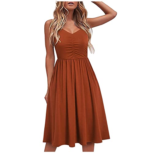 Generic Geschenke für Mädchen Sommerkleid Damen Knielang A Linien Plissee Trägerkleid Ärmellos Swing Strandkleid Spaghettiträger Tank Kleid Sommer Minikleid Skaterkleid Einfarbig Freizeitkleid Summer von Generic