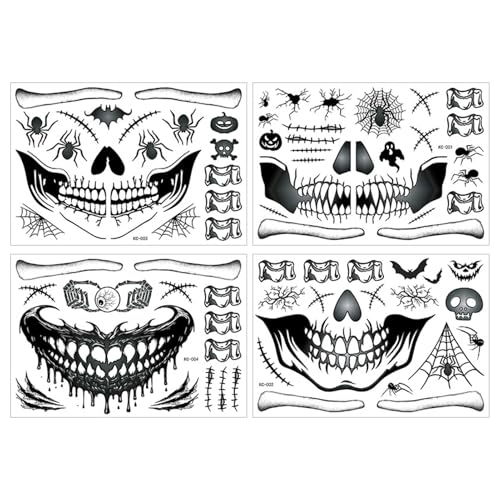 Gesichtsaufkleber Für Halloween - Gruseliger Mund-Gesichtsaufkleber, Mundnarben, Gefälschte Wundstiche, Gruselig | 4 Stück, Halloween-Zombie-Make-Up | Wasserdichter Aufkleber Maskerade Streich von Generic