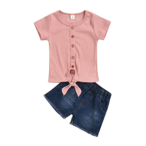 Gestreifte Blumen Kurzarm T Shirt Tops +Jeans Shorts Kurze Hosen - Baby Kinder Mädchen Kleidung Outfit 2 Stücke Set Komfort süße Bekleidungsset Sommer Strand Urlaub von Generic