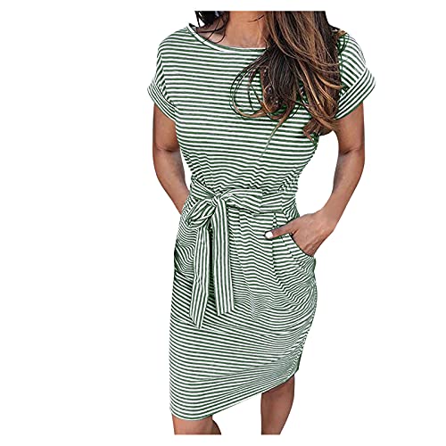 Gestreifte T Shirt Damen Sommer - Sommerkleid Knielang Minikleid Elegant Shirtkleider Streifen mit Tasche Slim Fit Tie Waist Bleistiftkleid Sommerkleider Freizeitkleid Neue Sommerprodukte von Generic