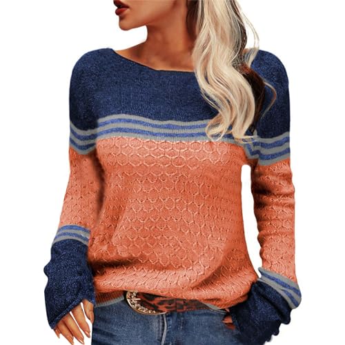 Gestreifter Pullover Damen Strickpullover Herbst Farbblock Pulli Elegant Langarm Sweater Rundhals Lose Warm Winterpullover Gestrickte Jumpers Oberteile Tops Strickpulli Winter Outfit Damenmode von Generic