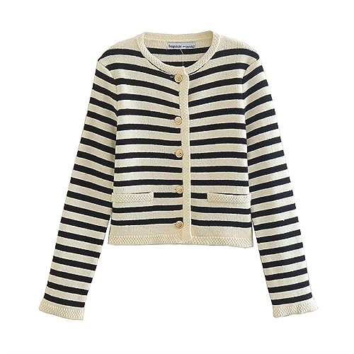 Gestreifter Strickjacke Damen Kurz Pullover Elegant Pulli Cardigan Knopfleiste Rundhals mit Taschen Strickpullover Jacke Strickmantel Strickpulli Strickjacken für Frauen Herbst Winter von Generic