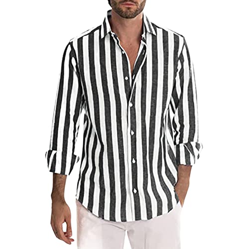 Gestreiftes Hemd Herren Baumwolle und Leinen Casual Button-Down Hemden Langarm Business Freizeithemden für Herren Regular Fit von Generic
