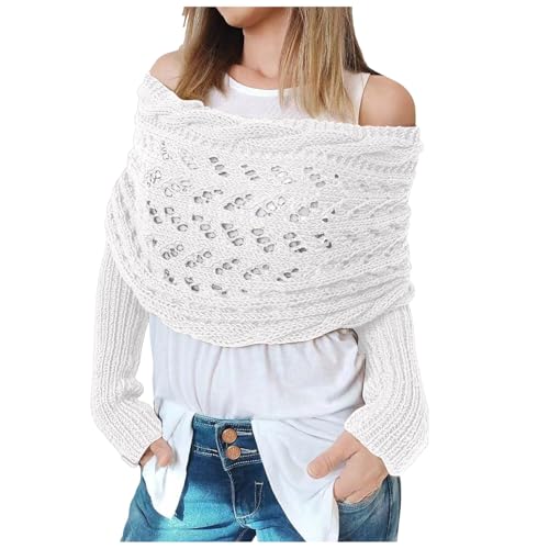 Gestrickte Schal mit Ärmeln Strick, Mode Winter Warm Häkeln Ärmelschal Halstücher Stricken Pullover Schal Winterschal Halstuch Einfarbig Wrap Scarf Sleeves Shawl Cape Garnschal (White, One Size) von Generic