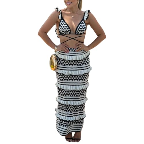 Gestrickte Sommer-Outfits für Frauen Krawatte Taille Tank Tops BH und elastische mehrschichtige Rüschen Rock Set Strand Urlaub Streetwear (Black, M) von Generic
