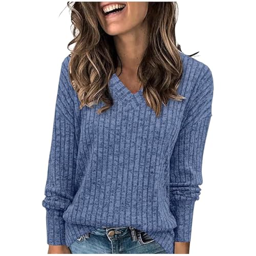 Gestrickter Pullover Damen Einfarbig Gerippt Strickpullover V-Ausschnitt Strickpulli Loose Passform Tops Langarm Gestricktes Blusetop Autumn Winter Basic Bluse Teenager Mädchen Oberteile von Generic