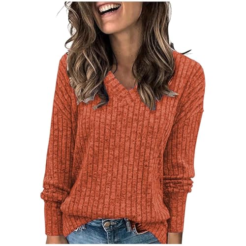 Gestrickter Pullover Damen Einfarbig Gerippt Strickpullover V-Ausschnitt Strickpulli Loose Passform Tops Langarm Gestricktes Blusetop Autumn Winter Basic Bluse Teenager Mädchen Oberteile von Generic