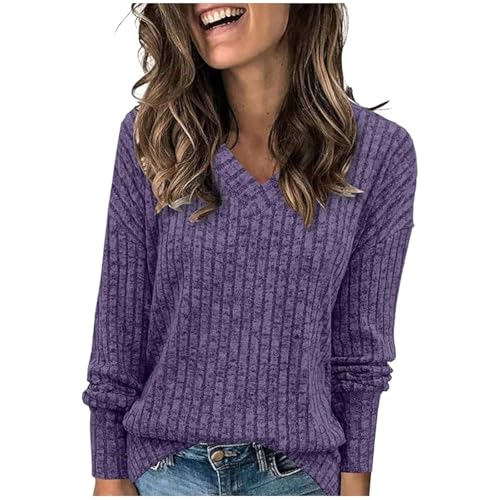 Gestrickter Pullover Damen Einfarbig Gerippt Strickpullover V-Ausschnitt Strickpulli Loose Passform Tops Langarm Gestricktes Blusetop Autumn Winter Basic Bluse Teenager Mädchen Oberteile von Generic