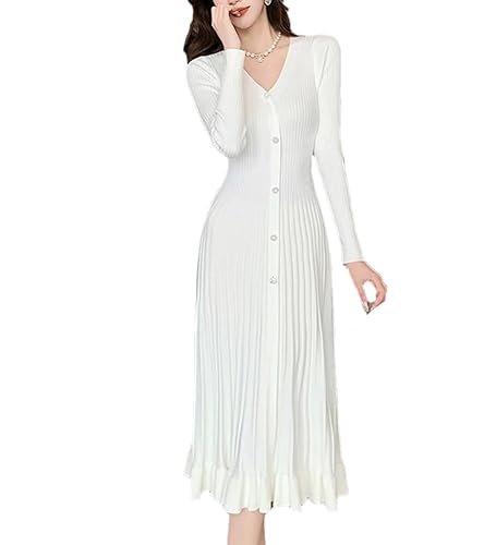 Gestricktes Midikleid für Damen, V-Ausschnitt, Knopf, langärmelig, für Herbst und Winter, Rosa, weiß, Einheitsgröße von Generic