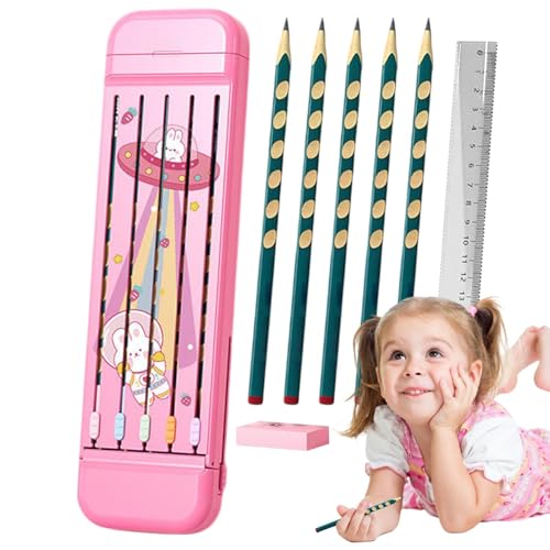 Geteiltes Federmäppchen, Federmäppchen mit Fächern, Bleistift-Aufbewahrungsbox, Schreibtisch-Bleistifte-Briefpapierbox mit 5 Bleistiften, Radiergummi und Lineal für die Schule zu Hause von Generic