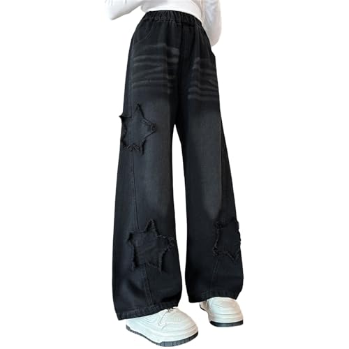 Girls Wide Leg Jeans New Spring Summer and Autumn Styles for Middle and Large Children with Patch Five Pointed Star Wide Leg Straight Pants Trendy and Cool Loose Casual (Black #5, 12-13 Years) von Generic