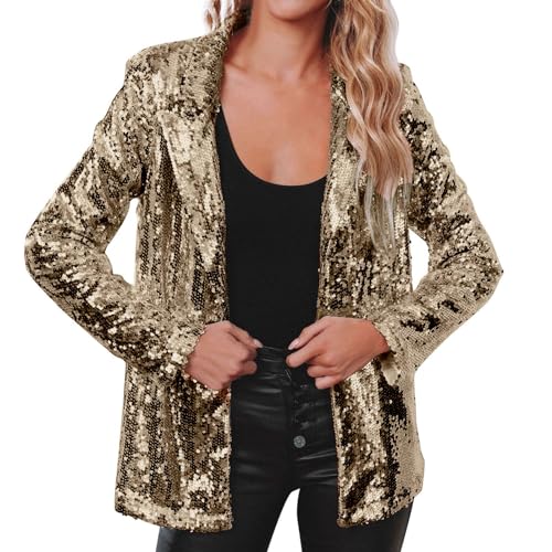 Glänzend-Anzugjacke Damen Lang - Sakko Damen Schwarz Gold Blazer Festlich Elegant Einfarbig Revers Langarm Anzug Outfit Schlank Sommerjacke Mit Elastischer Taille Bequem Business Jacke-Partykleidung von Generic