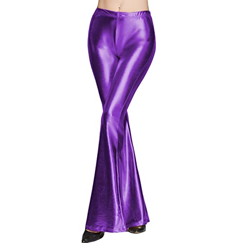 Glänzende Metallic-Schlaghose für Damen Hoch Taillierte Dehnbare Bell-Bottom-Hose mit Weitem Bein (Purple, M) von Generic