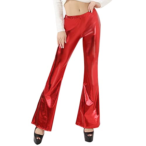 Glänzende Metallic-Schlaghose für Damen Hoch Taillierte Dehnbare Bell-Bottom-Hose mit Weitem Bein (Red, L) von Generic