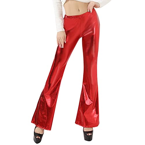 Glänzende Metallic-Schlaghose für Damen Hoch Taillierte Dehnbare Bell-Bottom-Hose mit Weitem Bein (Red, XL) von Generic