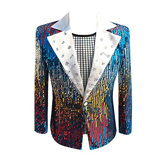 Glänzende Pailletten Anzugjacke für Herren Luxus Abschlussball Smoking Party Klassischer Lässiger Schmal Geschnittener EIN Knopf Stage Performance Blazer (Blau,5XL) von Generic