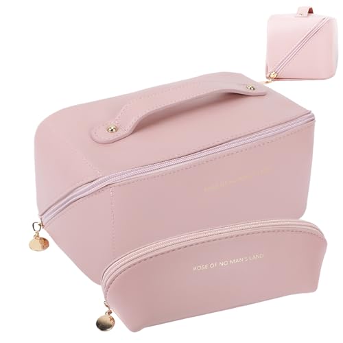 Glimervis Modische Damen-Make-up-Tasche mit großem Fassungsvermögen, langlebig, wasserdicht, leicht zu reinigen, offenes Design, verbessertes Material, reisefreundlich, unabhängige Fächer, Pink, von Generic