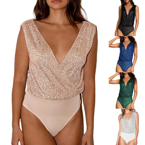 Glitzer Body Damen, Damen Pailletten Body Unterhemd Bodysuit Tops Wrap Bodies Blusebody Frauen Pailletten Stringbody Tops Karneval Kostüm Damenbody Tanz-Body Shapewear Stringbody Formende Bodys von Generic