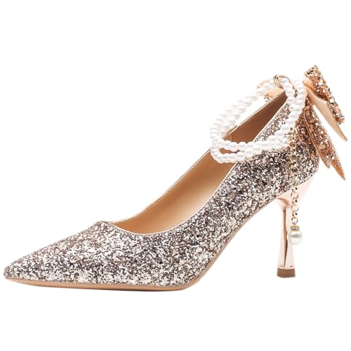 Glitzer Brautschuhe 7.5cm Stöckelabsatz Vollflächige Strassverzierung mit Perlenknöchelkette und Rücken-Schleife Größen 34-44,Champagne,42 EU von Generic
