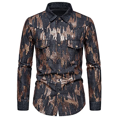 Glitzer Hemd Herren,Silvester Hemd Satin Button Up Glitzerhemd Herren Langarmhemd Pailletten Hemd Herren 70er Disco Party Hemd Slim Fit Glänzende Hemden Business Nachtclub Jeanshemd Karneval Kostüm von Generic