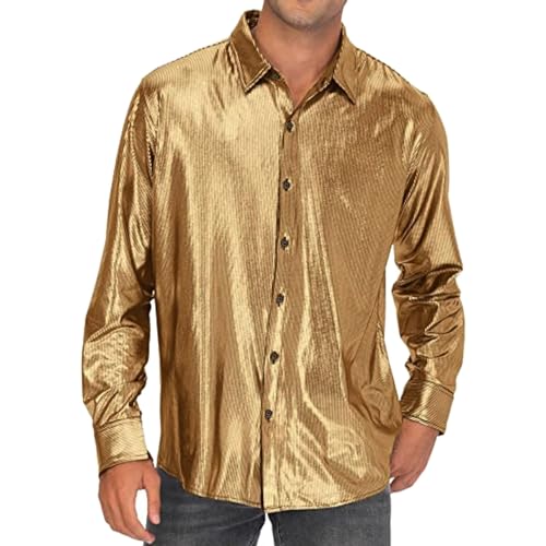 Glitzer Hemd Herren 70er Jahre Outfit Herrenhemd Metallic Glänzend Nachtklub Pailletten Shirt Langarm Retro Partyshirt Oberteile Freizeithemd Glitzerhemd Disco Party Karneval Kostüm (Gold, L) von Generic
