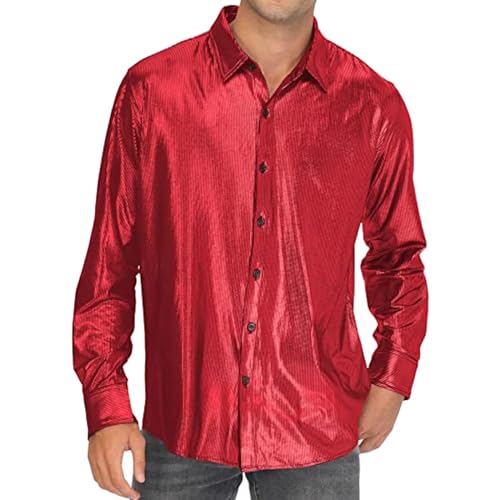 Glitzer Hemd Herren 70er Jahre Outfit Herrenhemd Metallic Glänzend Nachtklub Pailletten Shirt Langarm Retro Partyshirt Oberteile Freizeithemd Glitzerhemd Disco Party Karneval Kostüm (Red, XXXL) von Generic