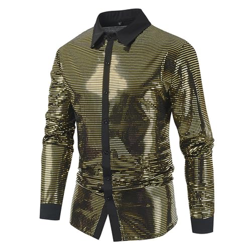 Glitzer Hemd Herren Langarm Gold Pailletten Hemden Slim Fit Pailettenhemd Glänzend Disco Top Hippie Oberteil Karneval Kostüm Männer Glitzerhemd Mode 80er Jahre Outfit 70er Jahre Freizeithemd von Generic