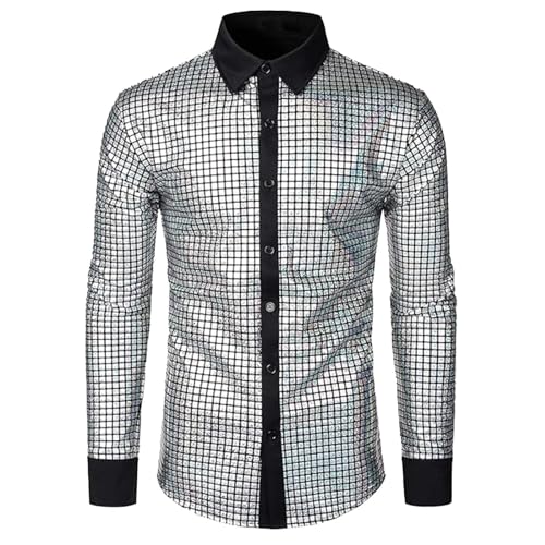 Glitzer Hemd Herren Pailletten Oberteil 80er Jahre Outfit Festliche Faschingsparty Hausparty Langarm 90er Party Karneval Kustüm Slim Fit Pailettenhemd Partyhemd (Grey, M) von Generic