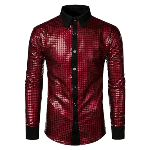 Glitzer Hemd Herren Silvester Hemd Button Up Glitzerhemd Herren Langarmhemd Pailletten Hemd Herren 70er Disco Party Hemd Slim Fit Glänzende Hemden Business Tanzkleidung Nachtclub Karneval Kostüm von Generic