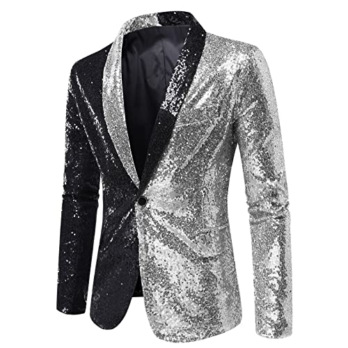 Glitzer Herren Pailletten Glitzer Hemd Langarm Pailletten Sakko Gold Glitzer Slim Fit Hochzeit Mantel Langarm Smokingjacke Herrenjacke Performance-Kostüm Formelle Kleidung Sakko für (1-Silver, XL) von Generic