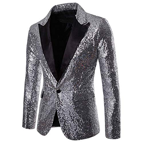 Glitzer Herren Pailletten Glitzer Hemd Langarm Pailletten Sakko Gold Glitzer Slim Fit Hochzeit Mantel Langarm Smokingjacke Herrenjacke Performance-Kostüm Formelle Kleidung Sakko für (2-Silver, XL) von Generic