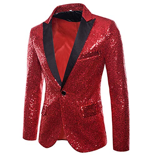 Glitzer Herren Pailletten Glitzer Hemd Langarm Pailletten Sakko Gold Glitzer Slim Fit Hochzeit Mantel Langarm Smokingjacke Herrenjacke Performance-Kostüm Formelle Kleidung Sakko für Herren (2-Red, M) von Generic