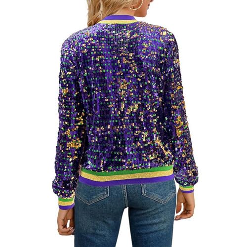 Glitzer Jacke Damen Pailletten Fransenjacke Langarm Bomberjacke Reißverschluss Fliegenjacke Jacke Disco Thema Country Konzert Rave Festival Outfits für Damen Bikerjacke Outwear (Purple, M) von Generic
