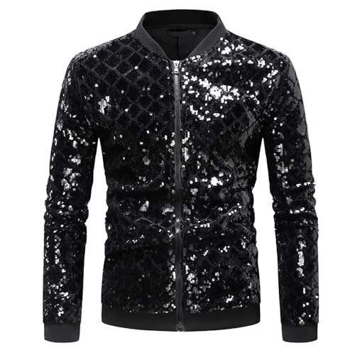 Glitzer Jacket Herren Pailletten-Jacke Metallic Nachtclub Reißverschluss Bomberjacke 80er Jahre Outfit Herren Mode Casual Baseball Bomber Glänzende Jacke Disco Party Karneval Kostüm von Generic