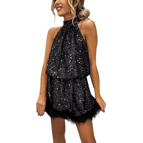 Glitzer Kleid Damen Kurz Glitzerkleid Abendkleid Paillettenkleid Frauen Party Pailletten hängenden Hals Mode Kleid Lace-up ärmelloses Kleid von Generic