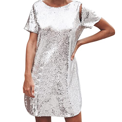 Glitzer Kleid Damen Party Silber-Pailettenkleider Kurz Sommerkleid Elegant Abendkleider FüR Hochzeit Festliche Kleider Kurzarm Knielang Cocktailkleid Sommer Partykleid-Strandkleid-Etuikleid von Generic