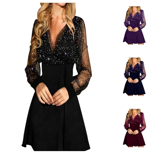 Glitzer Kleid Damen Partykleid Kleider V-Ausschnitt Chiffon Abendkleider Langarm A-Linien Abendkleid Frauen Festliches Kleid Elegant Cocktailkleid Club Oberteile von Generic