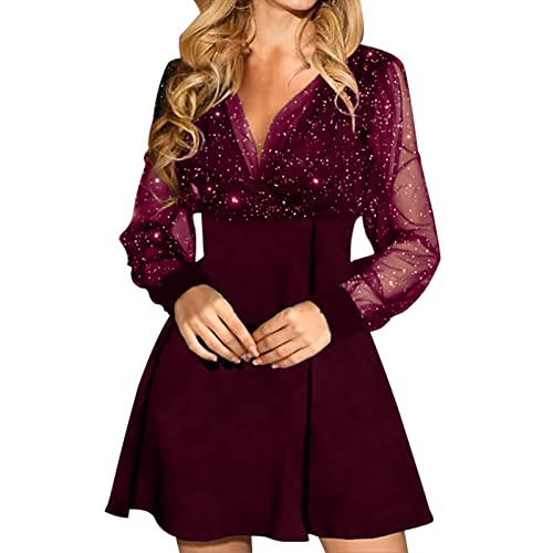 Glitzer Kleid Damen Partykleid Kleider V-Ausschnitt Chiffon Abendkleider Langarm A-Linien Abendkleid Frauen Festliches Kleid Elegant Cocktailkleid Club Oberteile von Generic