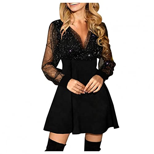 Glitzer Kleid Damen Partykleid Kleider V-Ausschnitt Chiffon Abendkleider Langarm A-Linien Abendkleid Frauen Festliches Cocktailkleid Club Oberteile, Schwarz, XL von Generic