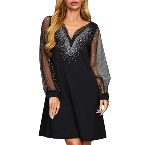 Glitzer Kleid Damen Partykleid Kleider V-Ausschnitt Chiffon Abendkleider Langarm A-Linien Abendkleid Frauen Festliches Kleid Elegant Cocktailkleid Club Oberteile von Generic