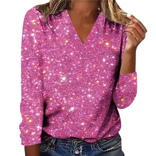 Glitzer Oberteile Damen, Pailletten Glitzer Outfit Top Pullover Silvester Oberteil Bluse Festlich Shirt Elegant Langarm Party Ppulli Glitzerbluse für Frauen Glitzershirt Blusen Tunika (Hot Pink, S) von Generic
